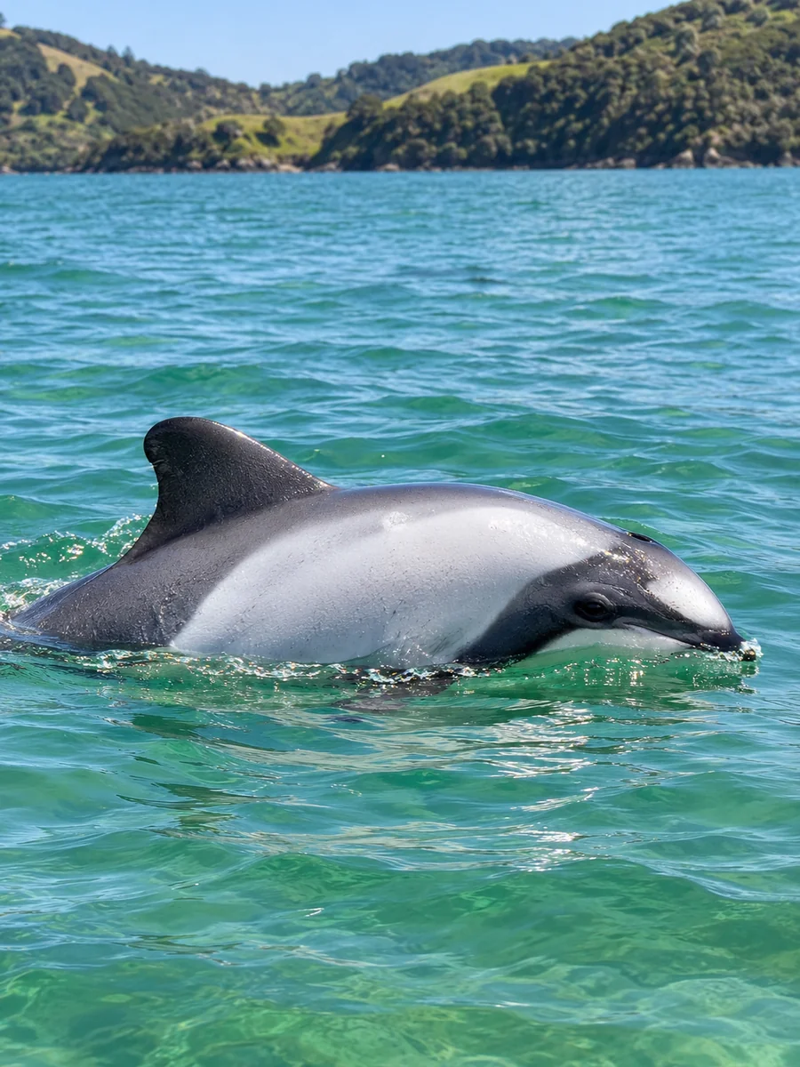 A small Hector's dolphin with a rounded black dorsal fin surfacing beside a boat