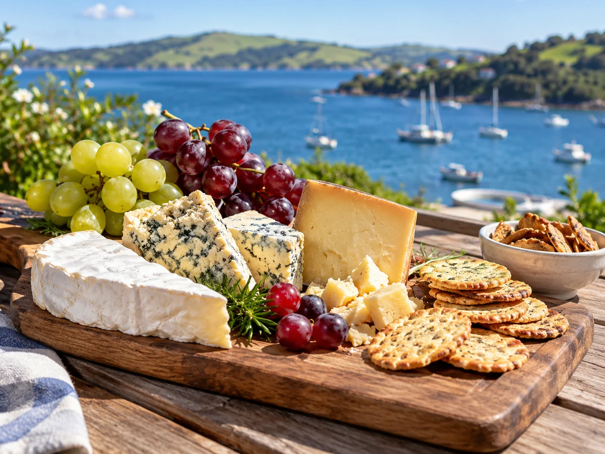 A wooden board of cheeses and crackers on a table, with the harbour behind