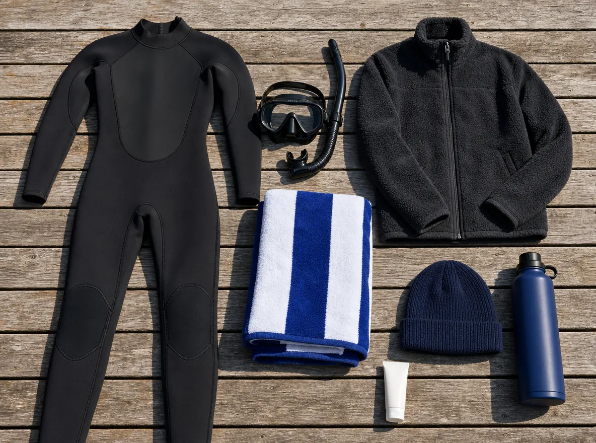A flat lay of a black wetsuit, mask and snorkel, a striped towel, a fleece, a beanie and a water bottle on wooden boards