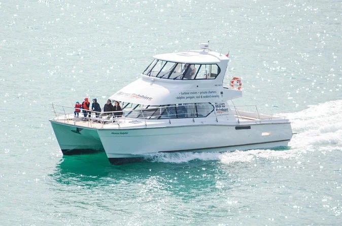 The Akaroa Dolphins catamaran crossing open water with guests on the upper deck